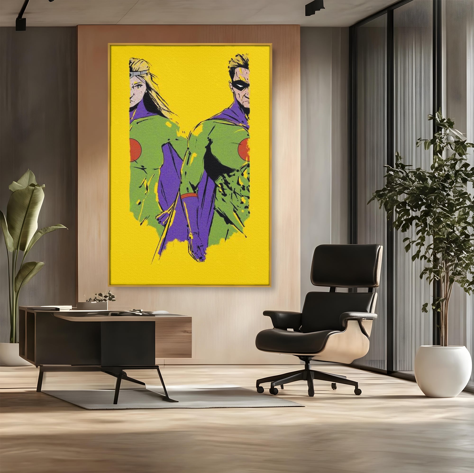 Tablou canvas cu tablou canvas cu doi supereroi pe fundal galben, in rama de aluminiu auriu, pe perete intr-un birou
